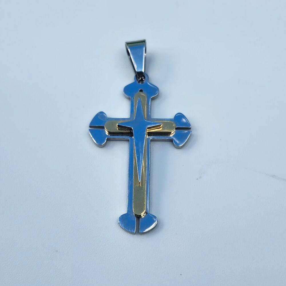 Two Tone Metal Cross Pendant Gold Silver Layered Cutout Christian Jewelry Charm